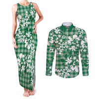 Hibiscus Pakala Emerald Green Couples Matching Tank Maxi Dress and Long Sleeve Button Shirt Tropical Floral Stylized - Polynesian Pride