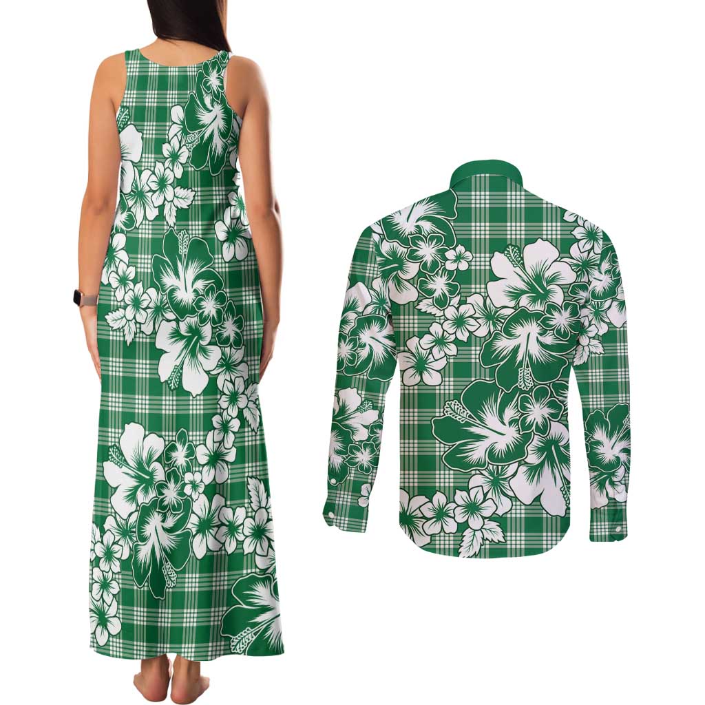 Hibiscus Pakala Emerald Green Couples Matching Tank Maxi Dress and Long Sleeve Button Shirt Tropical Floral Stylized - Polynesian Pride