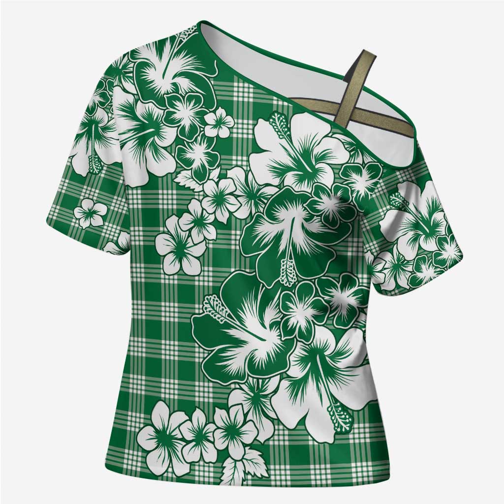 Hibiscus Pakala Emerald Green Cross Shoulder Shirt Tropical Floral Stylized - Polynesian Pride