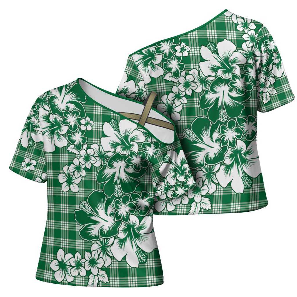 Hibiscus Pakala Emerald Green Cross Shoulder Shirt Tropical Floral Stylized - Polynesian Pride
