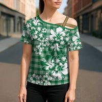 Hibiscus Pakala Emerald Green Cross Shoulder Shirt Tropical Floral Stylized - Polynesian Pride