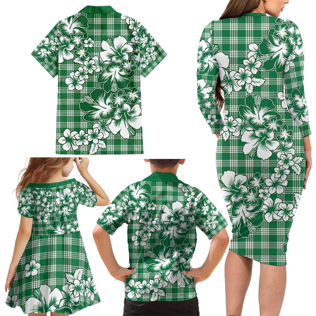Hibiscus Pakala Emerald Green Family Matching Long Sleeve Bodycon Dress and Hawaiian Shirt Tropical Floral Stylized - Polynesian Pride