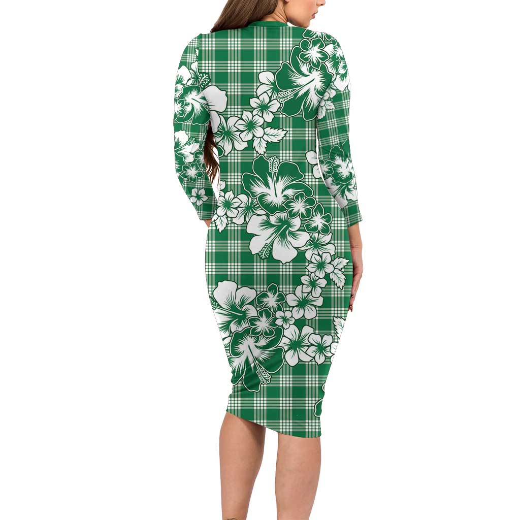 Hibiscus Pakala Emerald Green Family Matching Long Sleeve Bodycon Dress and Hawaiian Shirt Tropical Floral Stylized - Polynesian Pride