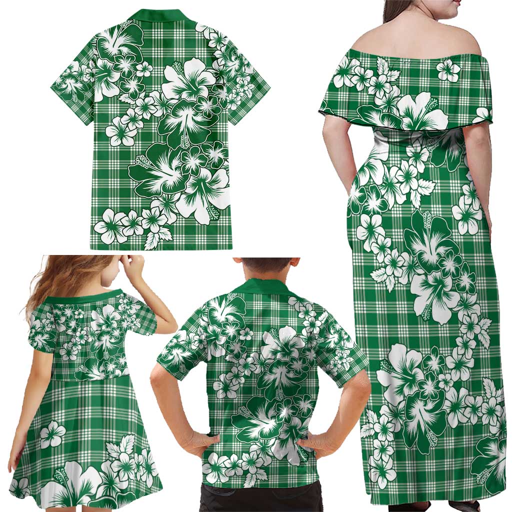 Hibiscus Pakala Emerald Green Family Matching Off Shoulder Maxi Dress and Hawaiian Shirt Tropical Floral Stylized - Polynesian Pride