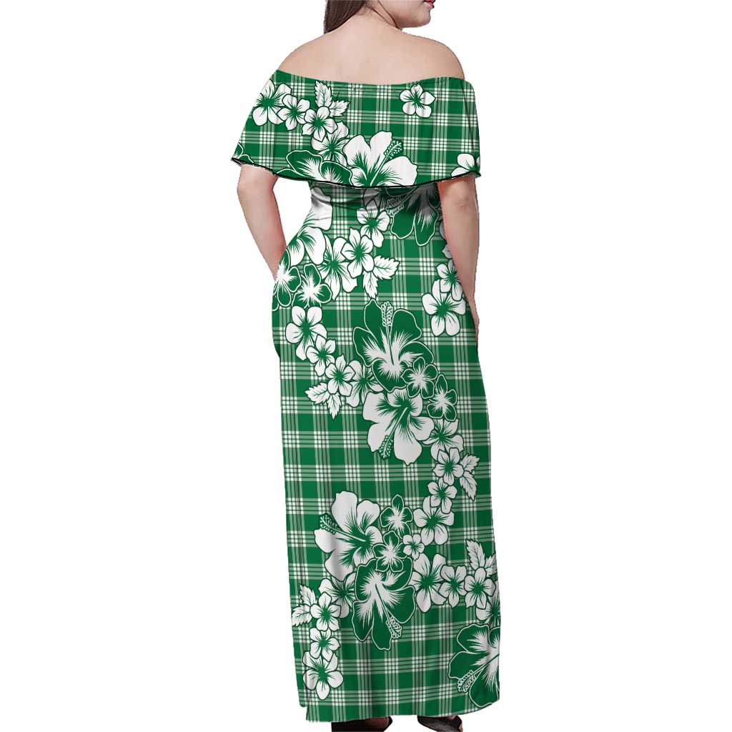 Hibiscus Pakala Emerald Green Family Matching Off Shoulder Maxi Dress and Hawaiian Shirt Tropical Floral Stylized - Polynesian Pride