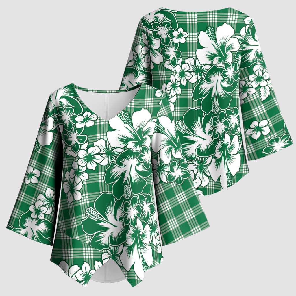 Hibiscus Pakala Emerald Green Kimono Sleeve Blouse Tropical Floral Stylized - Polynesian Pride