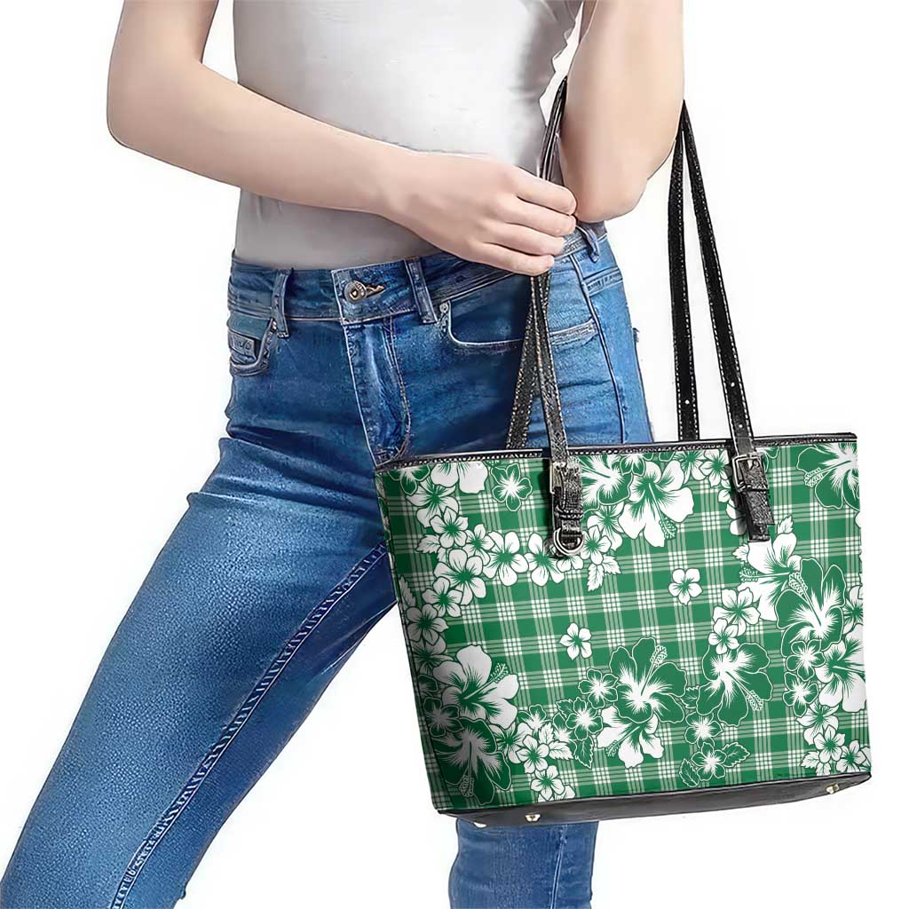 Hibiscus Pakala Emerald Green Leather Tote Bag Tropical Floral Stylized - Polynesian Pride
