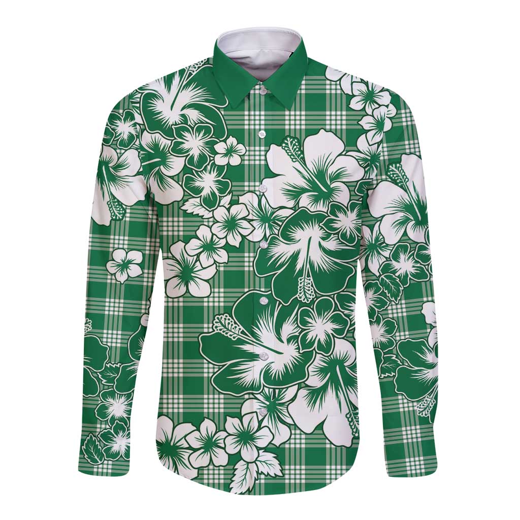 Hibiscus Pakala Emerald Green Long Sleeve Button Shirt Tropical Floral Stylized - Polynesian Pride