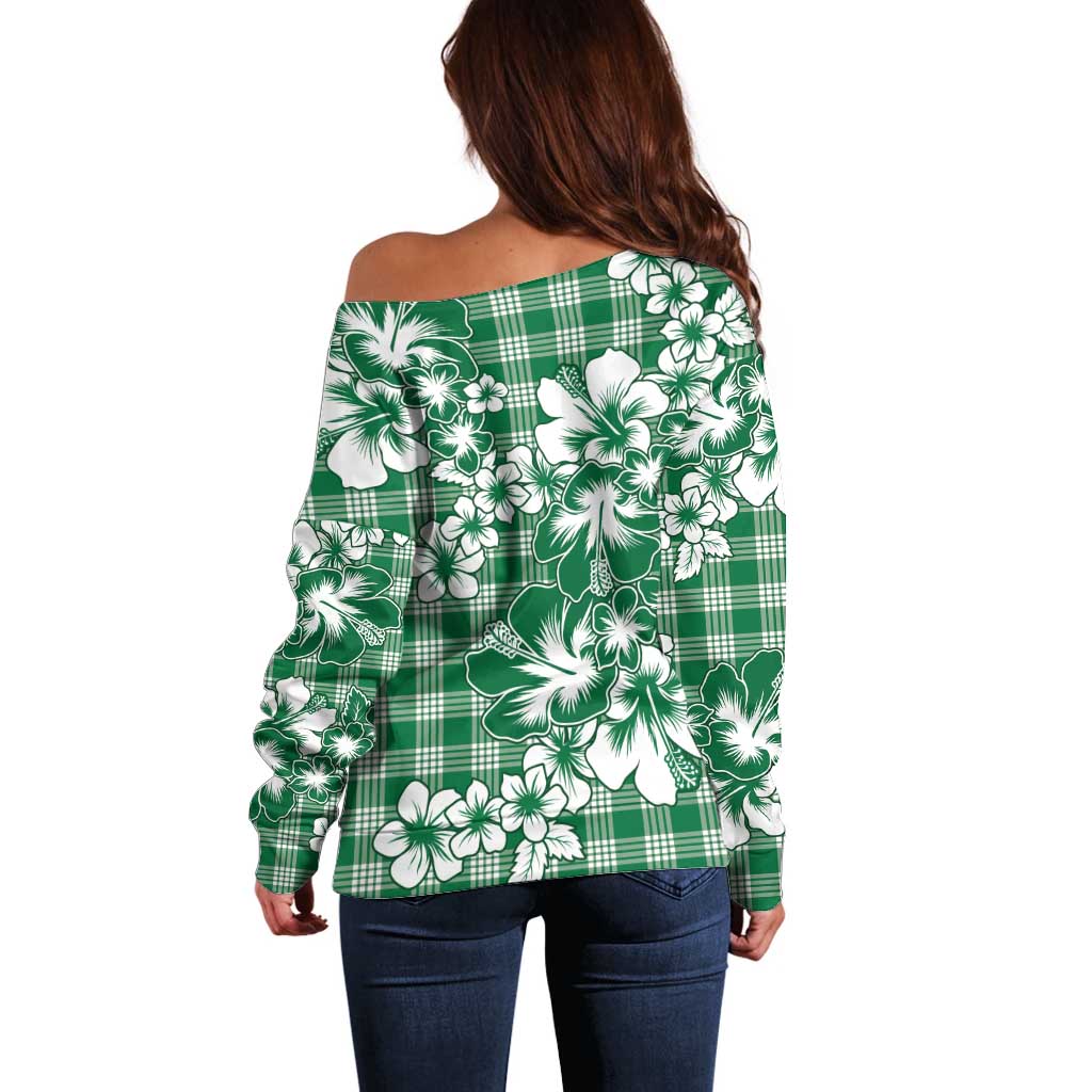 Hibiscus Pakala Emerald Green Off Shoulder Sweater Tropical Floral Stylized - Polynesian Pride