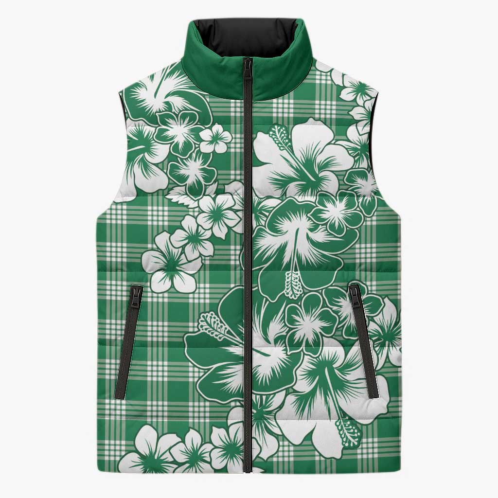 Hibiscus Pakala Emerald Green Sleeveless Puffer Jacket Tropical Floral Stylized - Polynesian Pride
