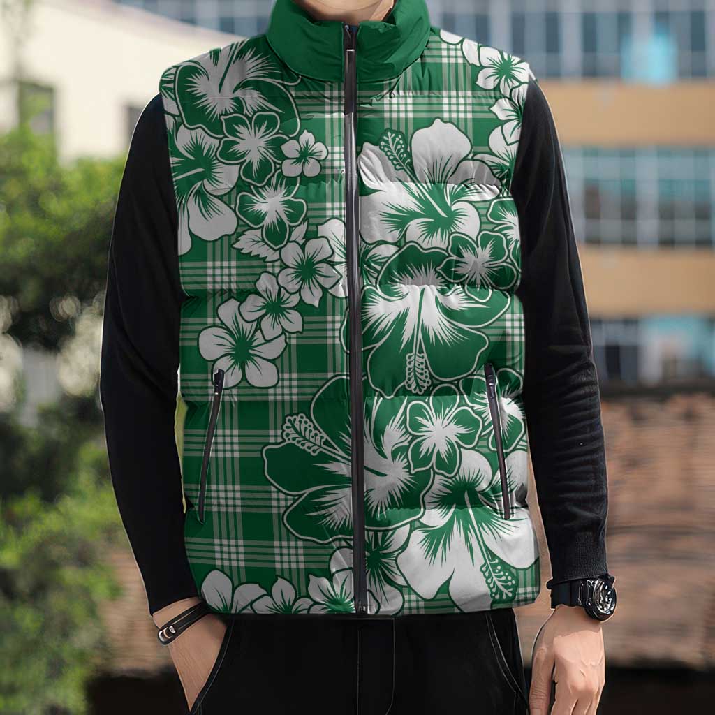 Hibiscus Pakala Emerald Green Sleeveless Puffer Jacket Tropical Floral Stylized - Polynesian Pride