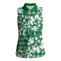 Hibiscus Pakala Emerald Green Women Sleeveless Polo Shirt Tropical Floral Stylized - Polynesian Pride