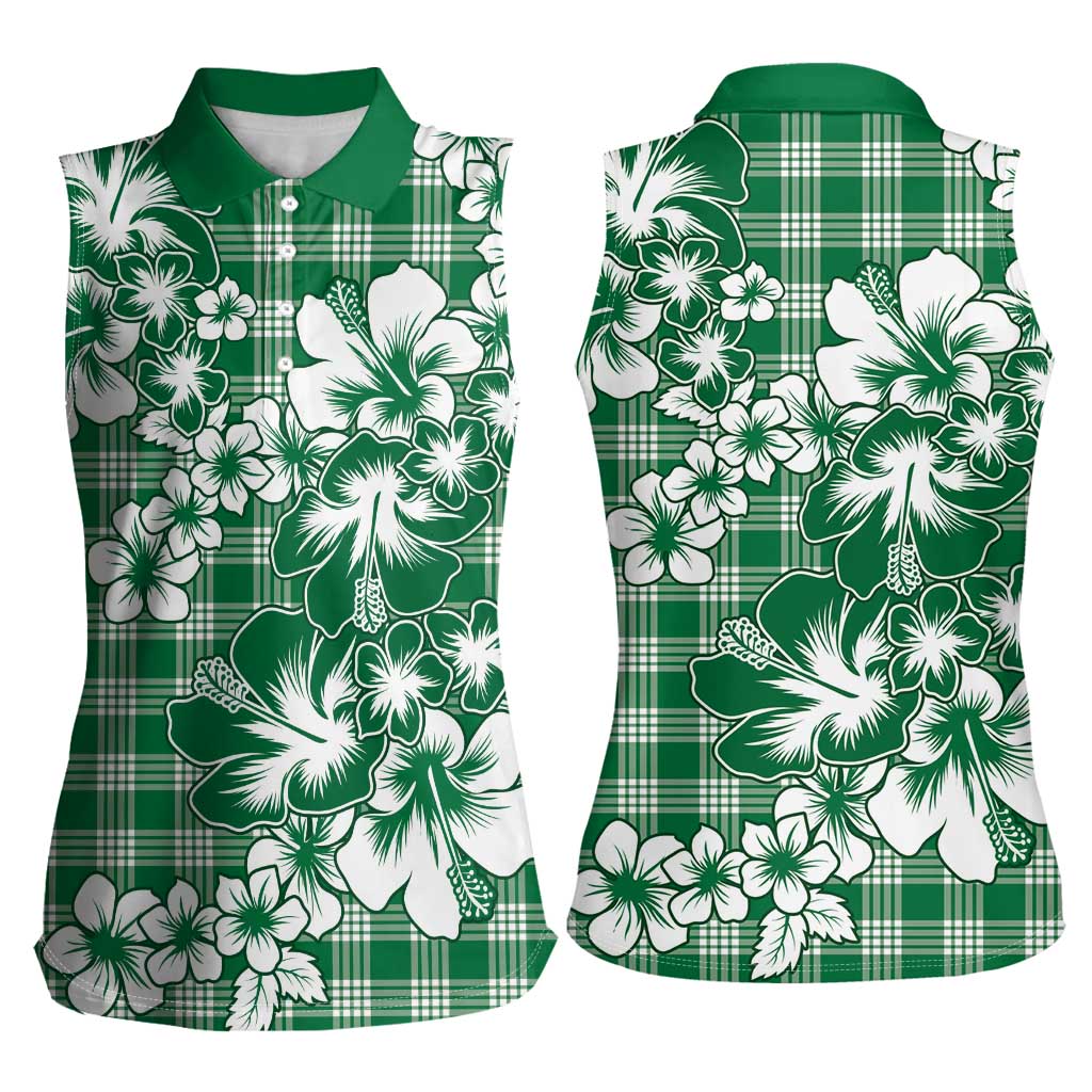 Hibiscus Pakala Emerald Green Women Sleeveless Polo Shirt Tropical Floral Stylized - Polynesian Pride