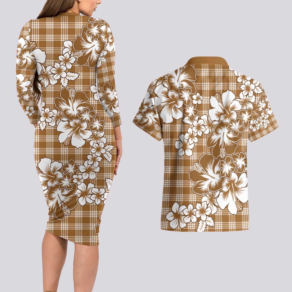 Hibiscus Pakala Bronze Brown Couples Matching Long Sleeve Bodycon Dress and Hawaiian Shirt Tropical Floral Stylized - Polynesian Pride