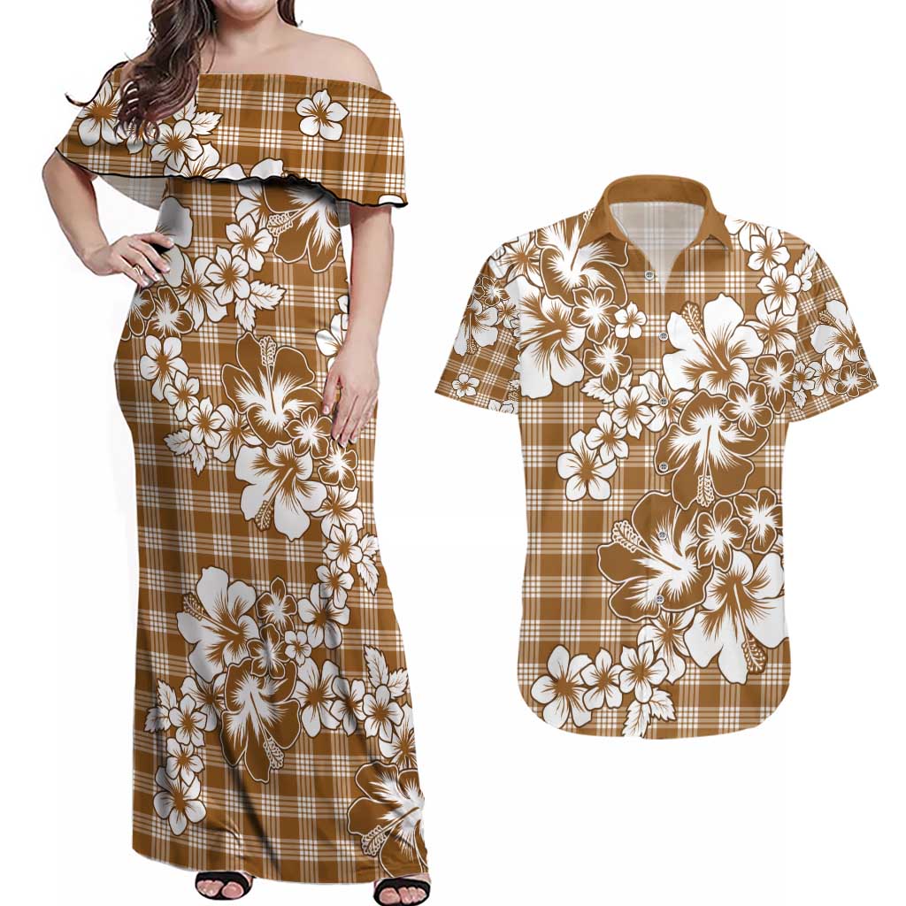 Hibiscus Pakala Bronze Brown Couples Matching Off Shoulder Maxi Dress and Hawaiian Shirt Tropical Floral Stylized - Polynesian Pride