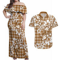 Hibiscus Pakala Bronze Brown Couples Matching Off Shoulder Maxi Dress and Hawaiian Shirt Tropical Floral Stylized - Polynesian Pride