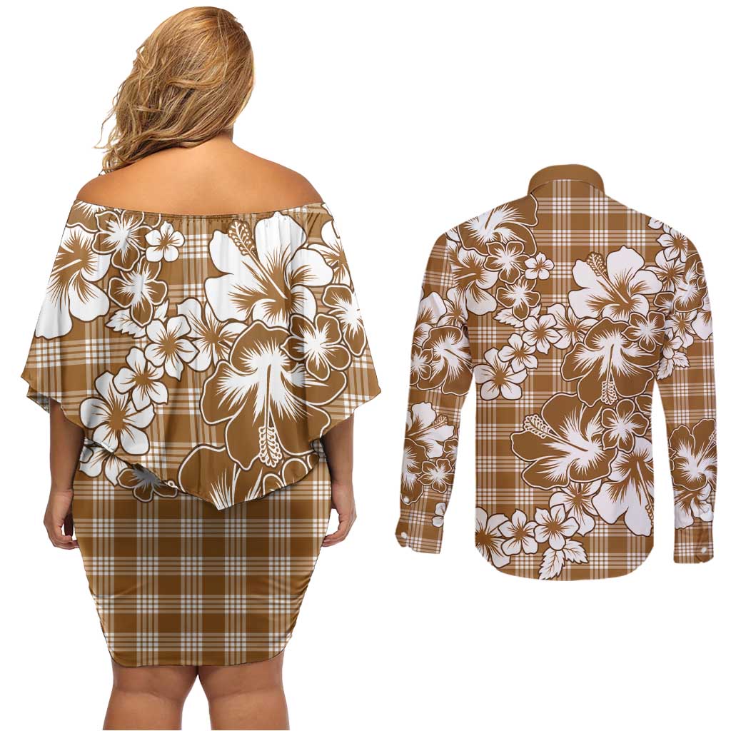 Hibiscus Pakala Bronze Brown Couples Matching Off Shoulder Short Dress and Long Sleeve Button Shirt Tropical Floral Stylized - Polynesian Pride