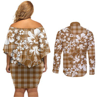 Hibiscus Pakala Bronze Brown Couples Matching Off Shoulder Short Dress and Long Sleeve Button Shirt Tropical Floral Stylized - Polynesian Pride