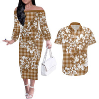 Hibiscus Pakala Bronze Brown Couples Matching Off The Shoulder Long Sleeve Dress and Hawaiian Shirt Tropical Floral Stylized - Polynesian Pride