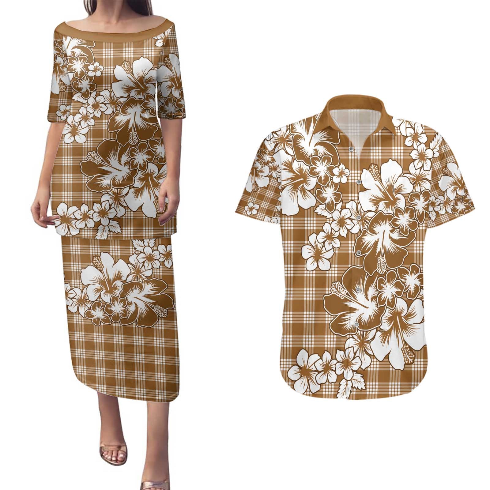 Hibiscus Pakala Bronze Brown Couples Matching Puletasi and Hawaiian Shirt Tropical Floral Stylized LT01 Brown - Polynesian Pride