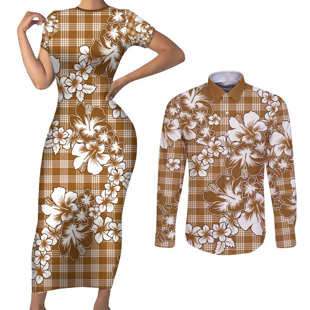 Hibiscus Pakala Bronze Brown Couples Matching Short Sleeve Bodycon Dress and Long Sleeve Button Shirt Tropical Floral Stylized - Polynesian Pride