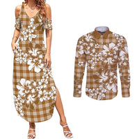 Hibiscus Pakala Bronze Brown Couples Matching Summer Maxi Dress and Long Sleeve Button Shirt Tropical Floral Stylized - Polynesian Pride