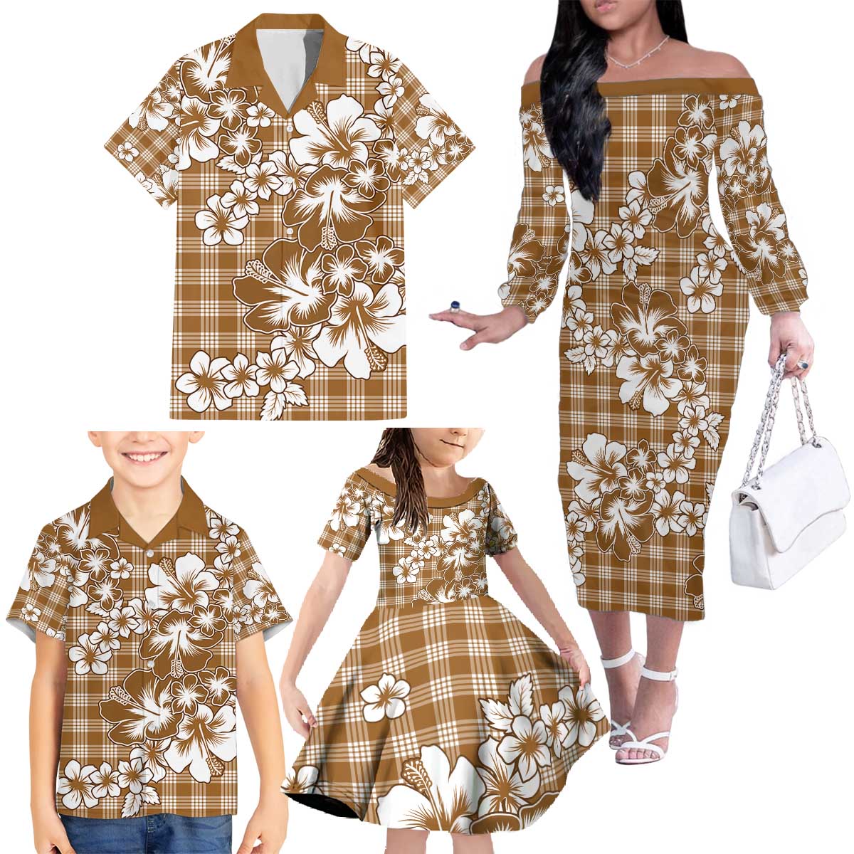 Hibiscus Pakala Bronze Brown Family Matching Off The Shoulder Long Sleeve Dress and Hawaiian Shirt Tropical Floral Stylized - Polynesian Pride