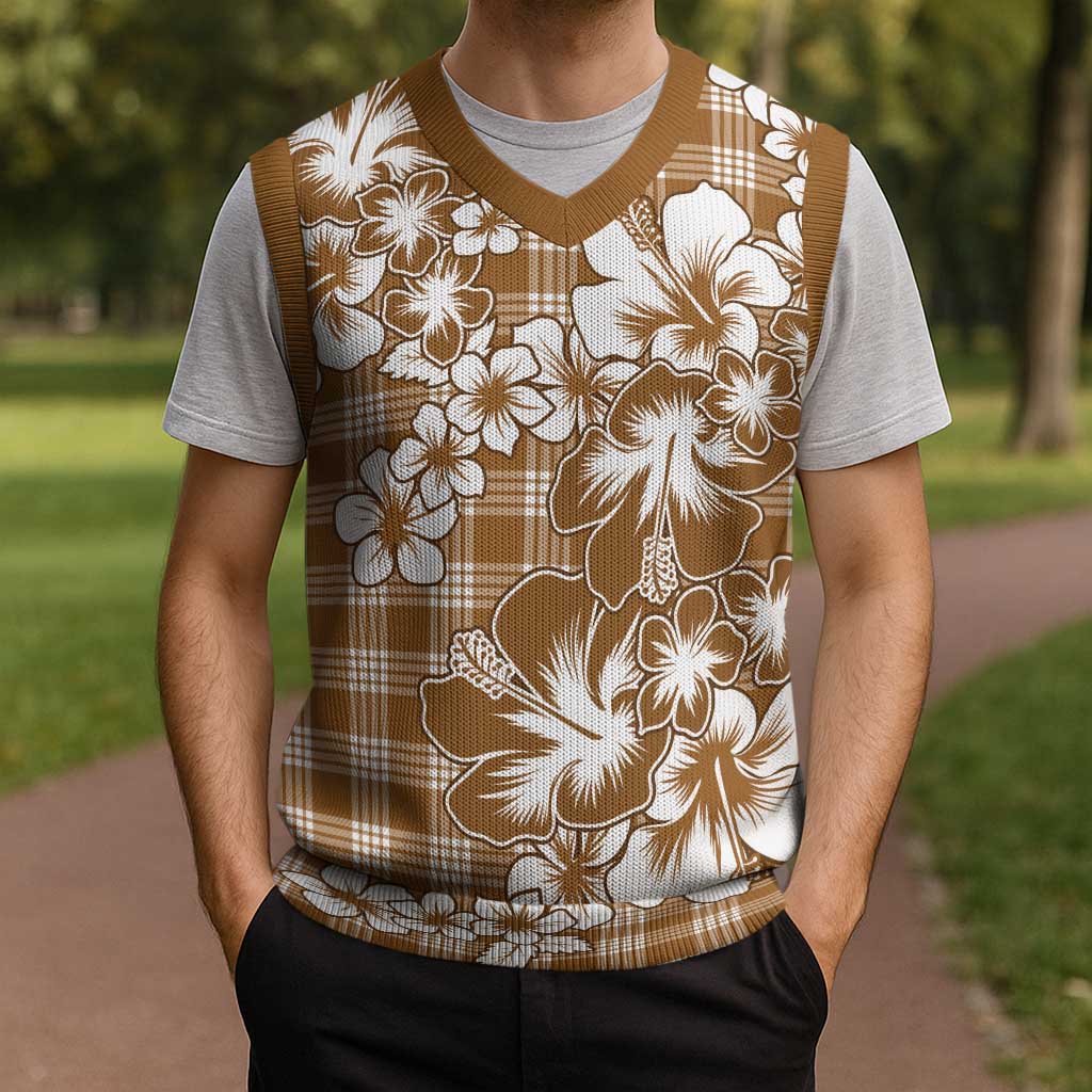 Hibiscus Pakala Bronze Brown Christmas Knitted V-Neck Vest Tropical Floral Stylized - Polynesian Pride