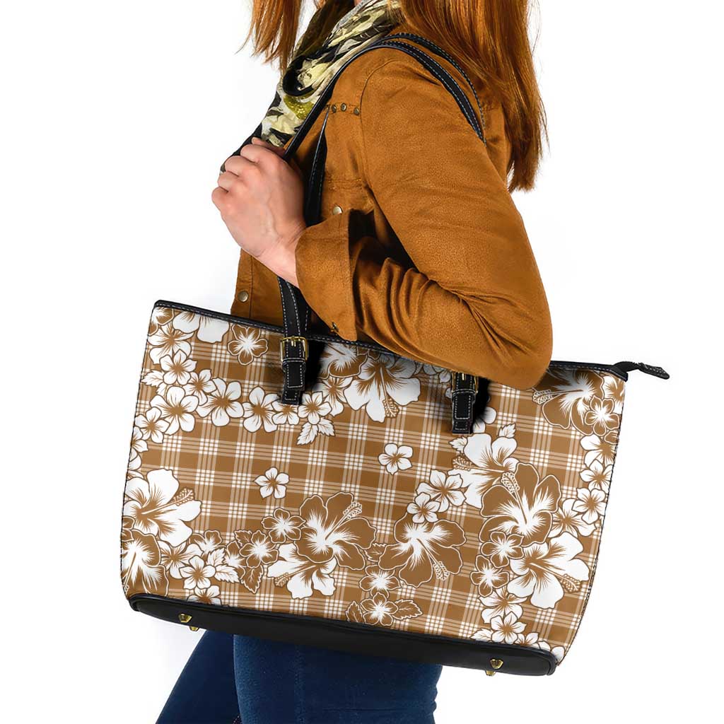 Hibiscus Pakala Bronze Brown Leather Tote Bag Tropical Floral Stylized - Polynesian Pride