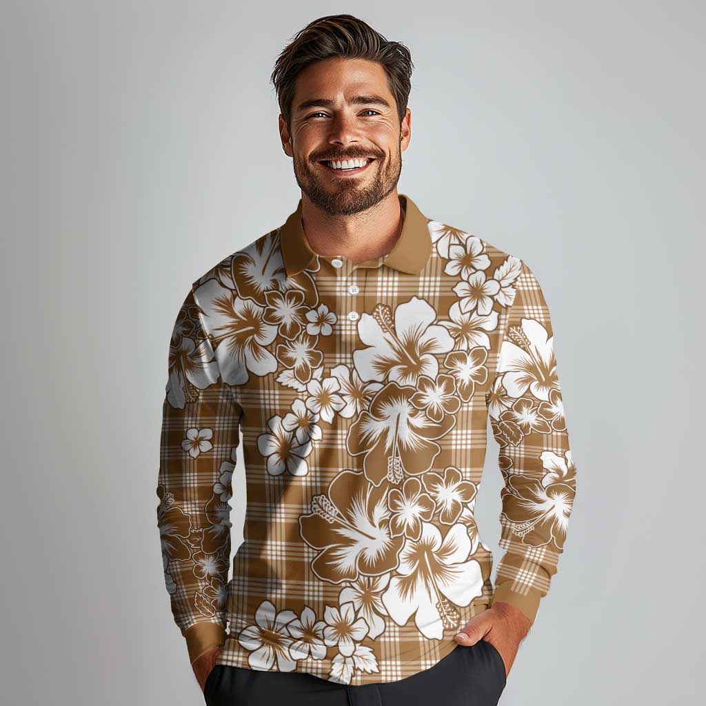 Hibiscus Pakala Bronze Brown Long Sleeve Polo Shirt Tropical Floral Stylized - Polynesian Pride