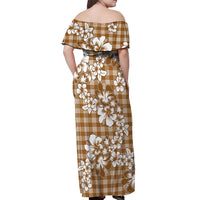 Hibiscus Pakala Bronze Brown Off Shoulder Maxi Dress Tropical Floral Stylized - Polynesian Pride