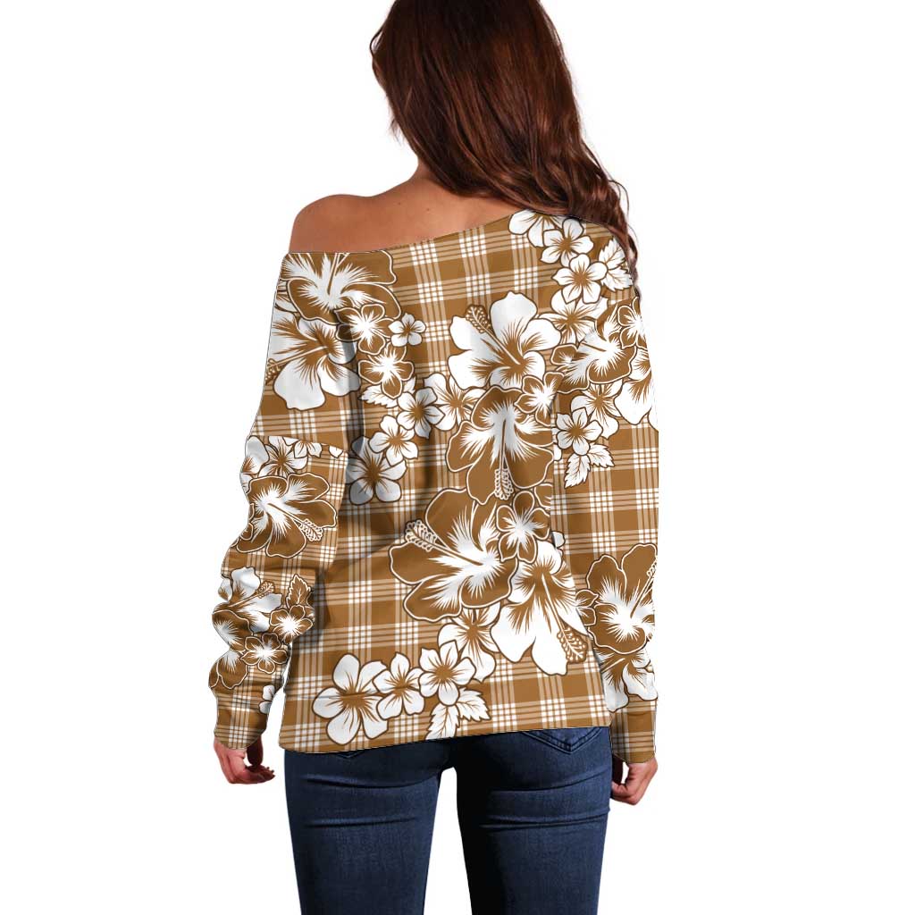 Hibiscus Pakala Bronze Brown Off Shoulder Sweater Tropical Floral Stylized - Polynesian Pride