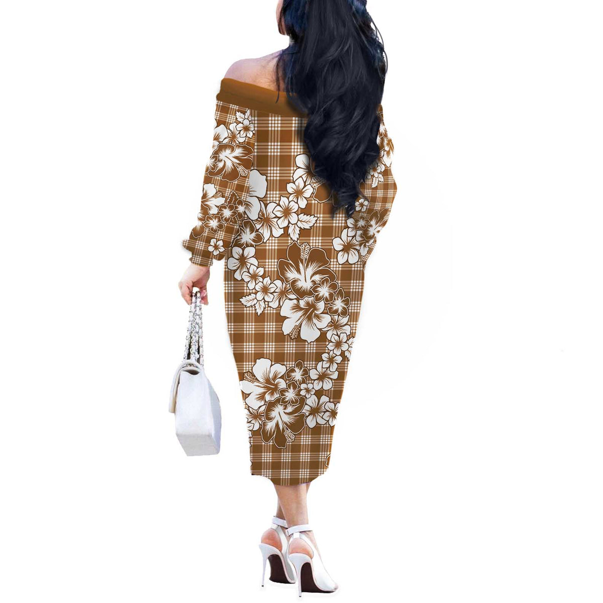 Hibiscus Pakala Bronze Brown Off The Shoulder Long Sleeve Dress Tropical Floral Stylized - Polynesian Pride