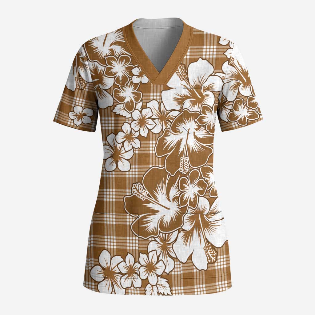 Hibiscus Pakala Bronze Brown Scrub Top Tropical Floral Stylized - Polynesian Pride