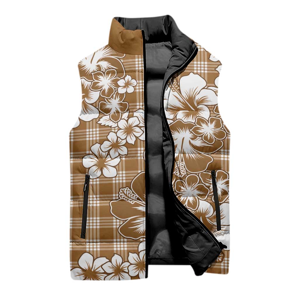 Hibiscus Pakala Bronze Brown Sleeveless Puffer Jacket Tropical Floral Stylized - Polynesian Pride