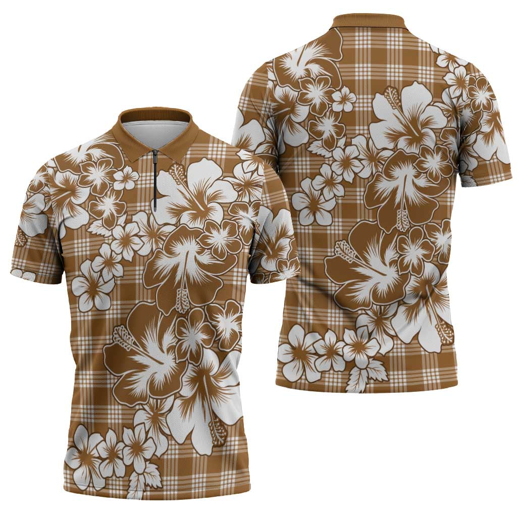Hibiscus Pakala Bronze Brown Zipper Polo Shirt Tropical Floral Stylized - Polynesian Pride