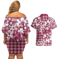 Hibiscus Pakala Royal Magenta Couples Matching Off Shoulder Short Dress and Hawaiian Shirt Tropical Floral Stylized - Polynesian Pride