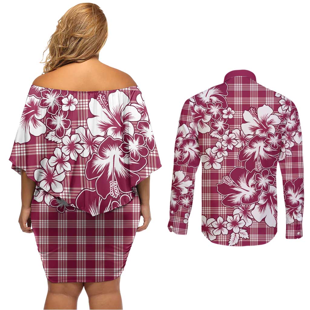 Hibiscus Pakala Royal Magenta Couples Matching Off Shoulder Short Dress and Long Sleeve Button Shirt Tropical Floral Stylized - Polynesian Pride