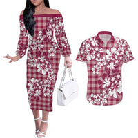 Hibiscus Pakala Royal Magenta Couples Matching Off The Shoulder Long Sleeve Dress and Hawaiian Shirt Tropical Floral Stylized - Polynesian Pride
