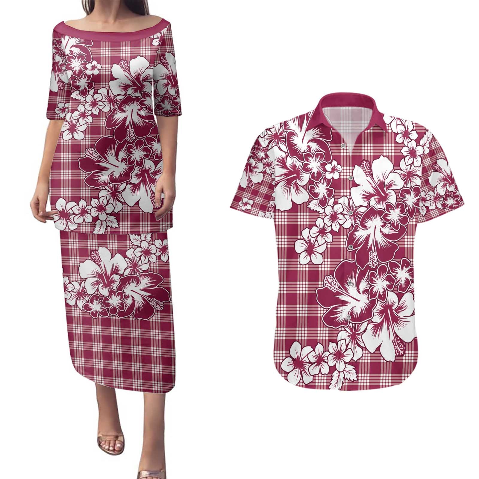 Hibiscus Pakala Royal Magenta Couples Matching Puletasi and Hawaiian Shirt Tropical Floral Stylized LT01 Magenta - Polynesian Pride