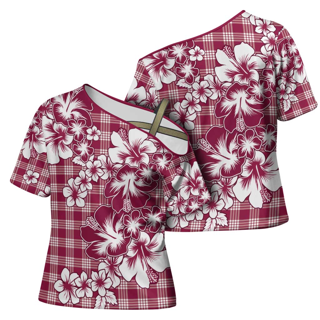 Hibiscus Pakala Royal Magenta Cross Shoulder Shirt Tropical Floral Stylized - Polynesian Pride