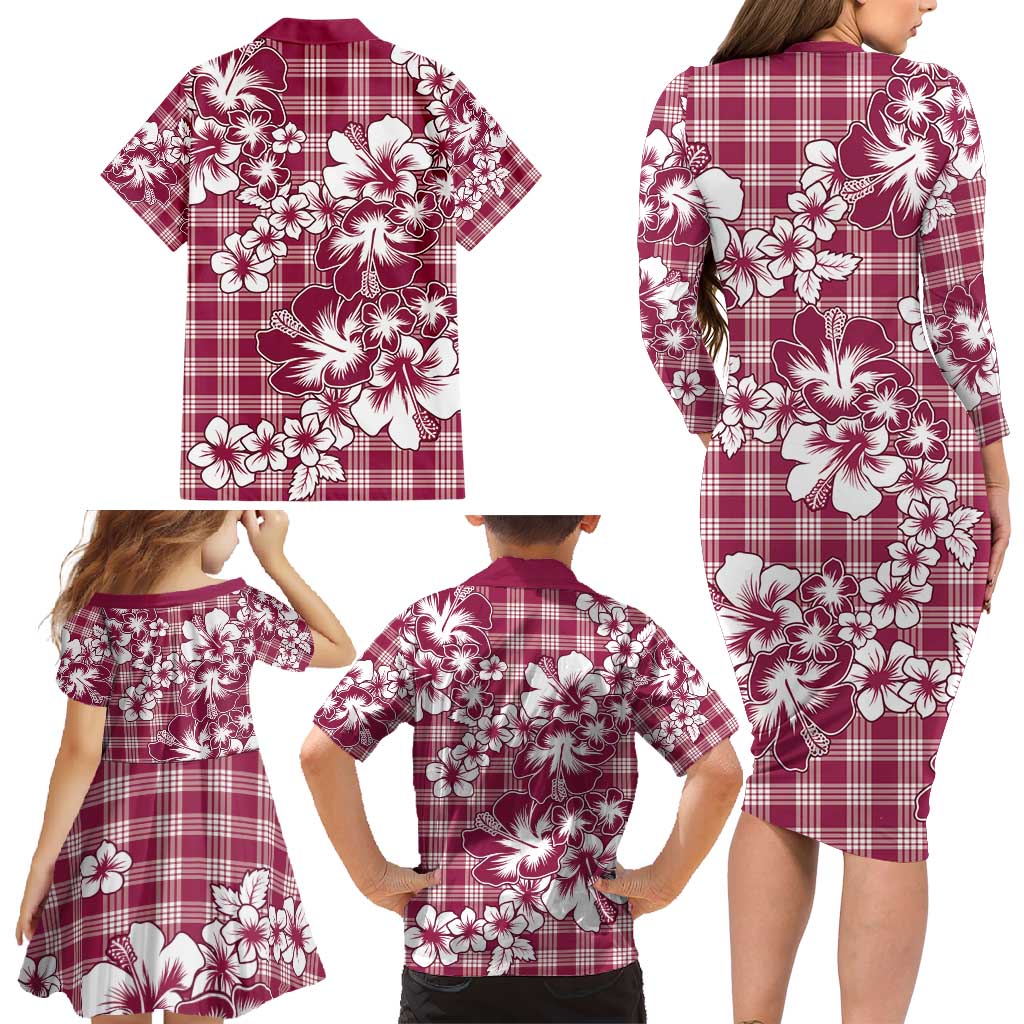 Hibiscus Pakala Royal Magenta Family Matching Long Sleeve Bodycon Dress and Hawaiian Shirt Tropical Floral Stylized - Polynesian Pride