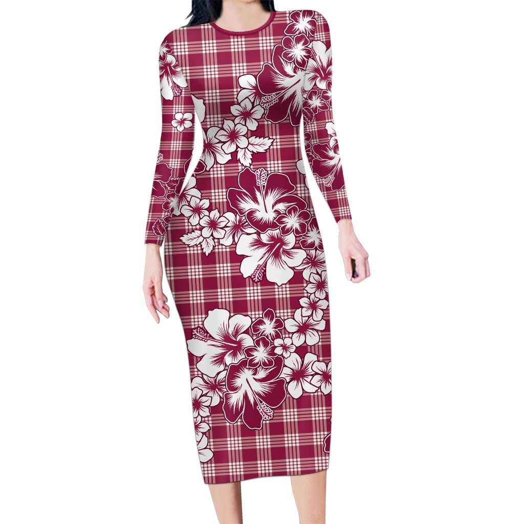 Hibiscus Pakala Royal Magenta Long Sleeve Bodycon Dress Tropical Floral Stylized - Polynesian Pride