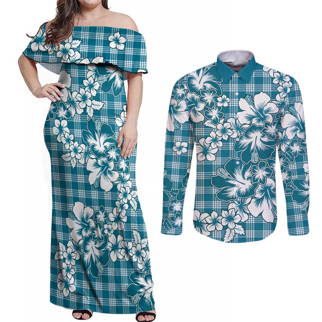 Hibiscus Pakala Ocean Depths Blue Couples Matching Off Shoulder Maxi Dress and Long Sleeve Button Shirt Tropical Floral Stylized - Polynesian Pride