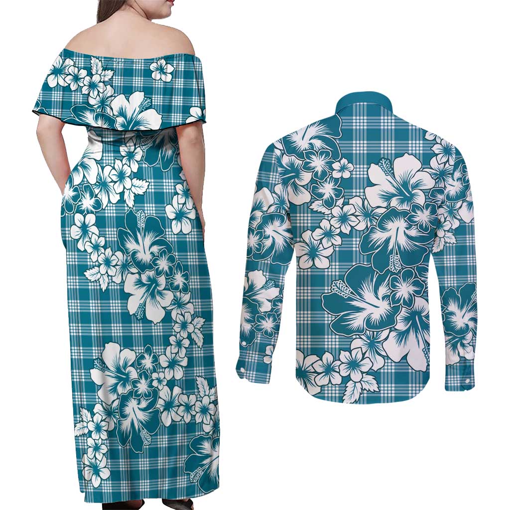 Hibiscus Pakala Ocean Depths Blue Couples Matching Off Shoulder Maxi Dress and Long Sleeve Button Shirt Tropical Floral Stylized - Polynesian Pride