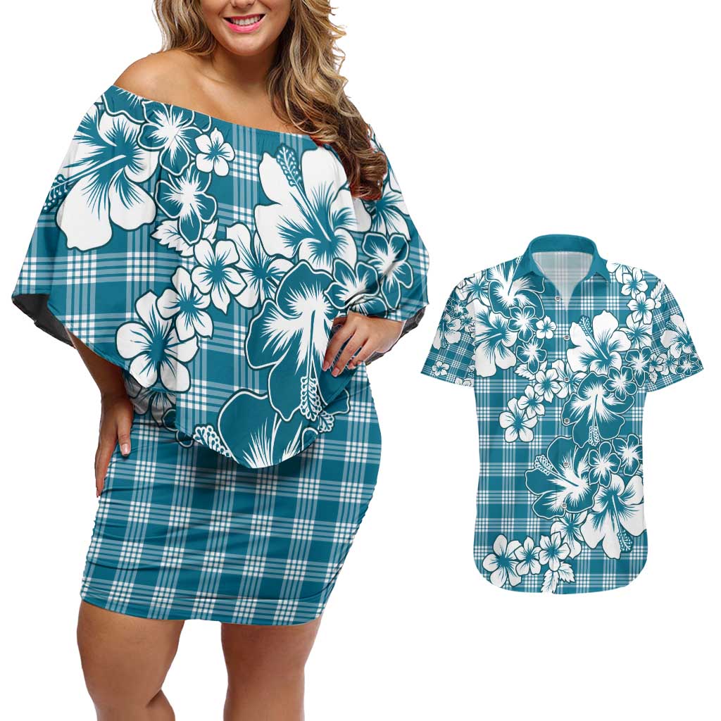 Hibiscus Pakala Ocean Depths Blue Couples Matching Off Shoulder Short Dress and Hawaiian Shirt Tropical Floral Stylized - Polynesian Pride
