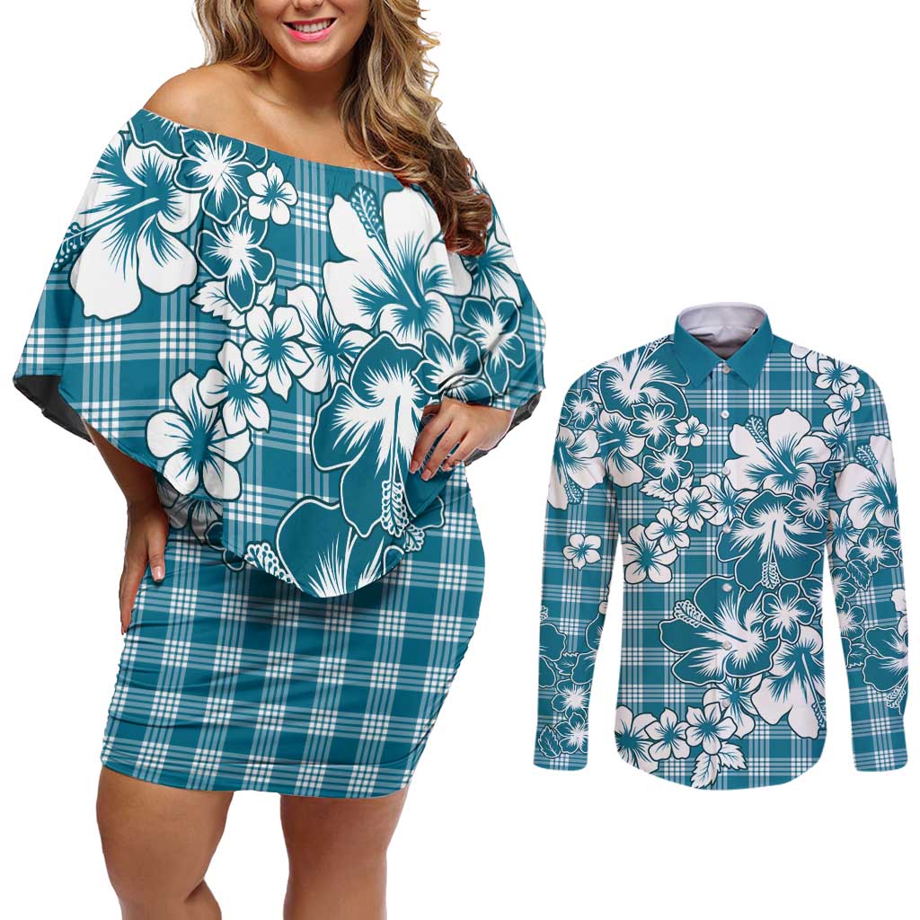 Hibiscus Pakala Ocean Depths Blue Couples Matching Off Shoulder Short Dress and Long Sleeve Button Shirt Tropical Floral Stylized - Polynesian Pride