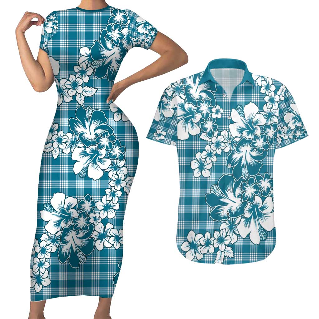 Hibiscus Pakala Ocean Depths Blue Couples Matching Short Sleeve Bodycon Dress and Hawaiian Shirt Tropical Floral Stylized - Polynesian Pride