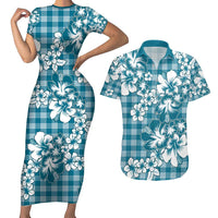 Hibiscus Pakala Ocean Depths Blue Couples Matching Short Sleeve Bodycon Dress and Hawaiian Shirt Tropical Floral Stylized - Polynesian Pride