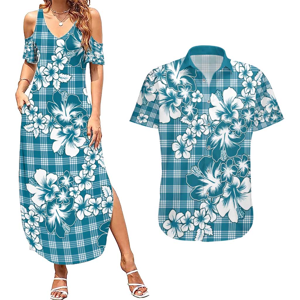 Hibiscus Pakala Ocean Depths Blue Couples Matching Summer Maxi Dress and Hawaiian Shirt Tropical Floral Stylized - Polynesian Pride
